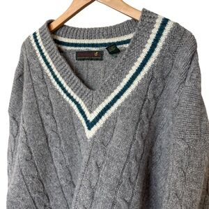 VTG! 90’s Hunting Horn Men's L Gray Cable Knit V-Neck Sweater 100% Wool Preppy